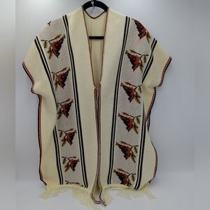 Vintage Cardinal Bird Knit Poncho Cape Fringe Ivory Red Southwest Shawl One Size